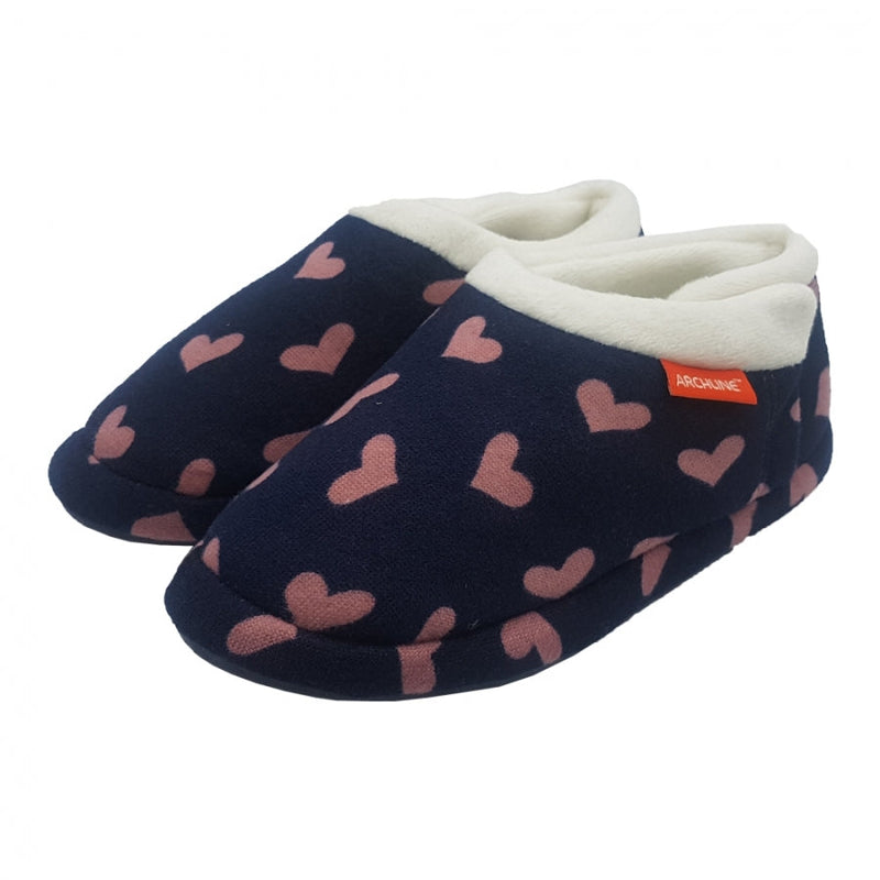 Archline Slippers - Closed (Orthotic Slippers) Navy With Hearts