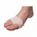 A beige toe spacer band shown worn on a human foot, with Walker's Professional Gel branding and a light blue circular outline on a white background.